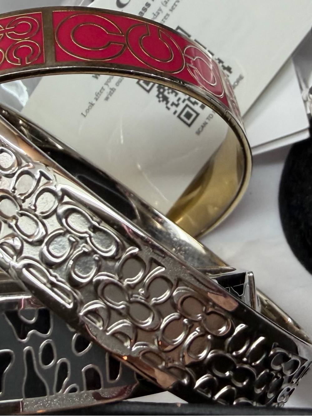 Coach Pink and Silver Signature Logo Bangle Set